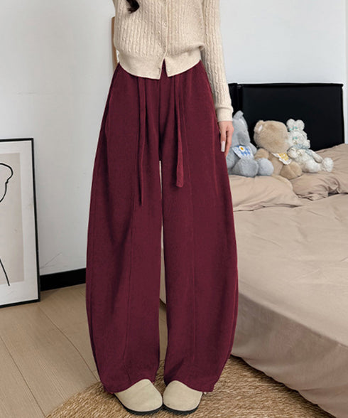 ワイドカーブパンツレディースワイドパンツ ハイウエストポケット付きバナナパンツ ドロストアーチパンツ ゆるイージーパンツ美脚厚手ニットパンツ着やせ秋冬ウエストゴム 87RUITONG-001