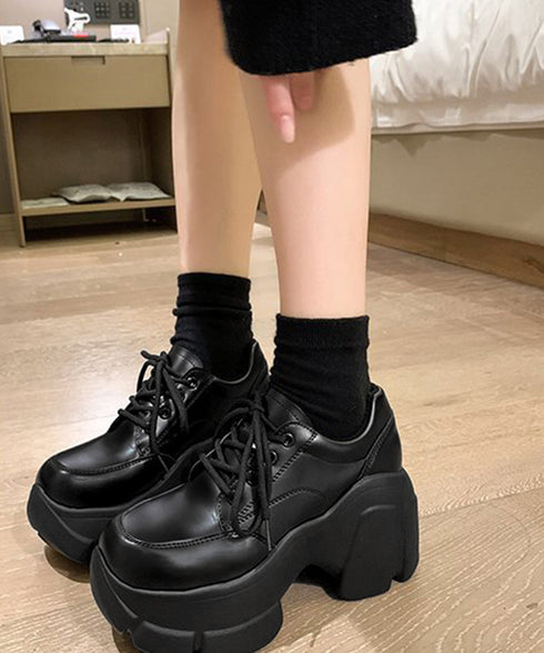 厚底ローファー韓国 レースアップシューズ レディース ドレスシューズ 美脚脚長 ボリュームソール 歩きやすい 合皮厚底靴 編み上げ レザー調カジュアル 厚底5cm 87TTMY-006