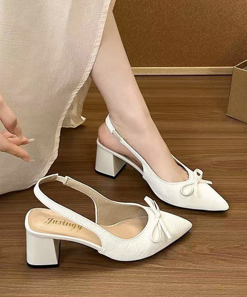 リボン付きパンプスポインテッドトゥ韓国風 上品ドット柄パンプス チャンキーヒール 美脚見え春夏シューズレディース オフィスカジュアル バックストラップ靴歩きやすい 87TTMY-015