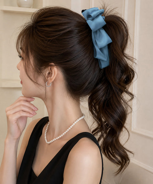 バナナクリップ ビッグリボンヘアクリップ 上品サテンリボンヘアアクセサリー 大人可愛い華やか髪留めバレエコア きれいめまとめ髪大人フェミニンしっかり留まるクリップ 87XIANING-001