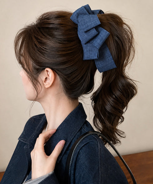 バナナクリップ ビッグリボンヘアクリップ 上品サテンリボンヘアアクセサリー 大人可愛い華やか髪留めバレエコア きれいめまとめ髪大人フェミニンしっかり留まるクリップ 87XIANING-001