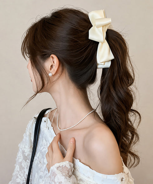 バナナクリップ ビッグリボンヘアクリップ 上品サテンリボンヘアアクセサリー 大人可愛い華やか髪留めバレエコア きれいめまとめ髪大人フェミニンしっかり留まるクリップ 87XIANING-001