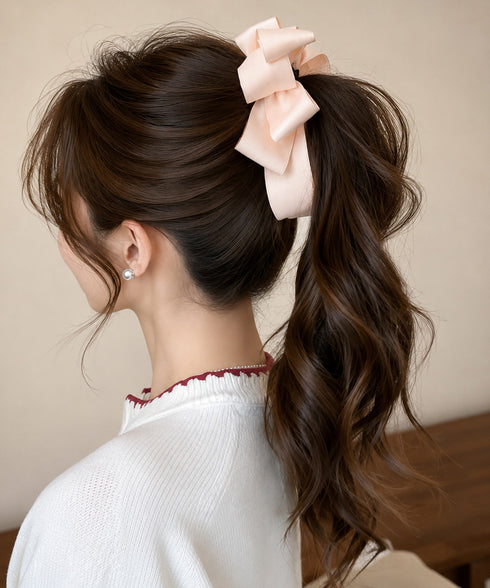 バナナクリップ ビッグリボンヘアクリップ 上品サテンリボンヘアアクセサリー 大人可愛い華やか髪留めバレエコア きれいめまとめ髪大人フェミニンしっかり留まるクリップ 87XIANING-001