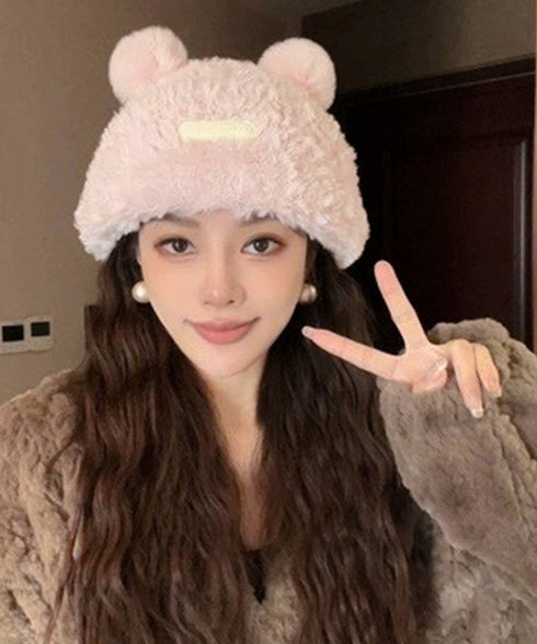 くま耳帽子 ボアハット 韓国 暖かい帽子 小顔ファー帽子 レディース 大人可愛いモコモコ アニマル帽子 ふわふわ 秋冬防寒ぼうし 裏起毛 あったか便利グッズ 旅行 87XIBO-001