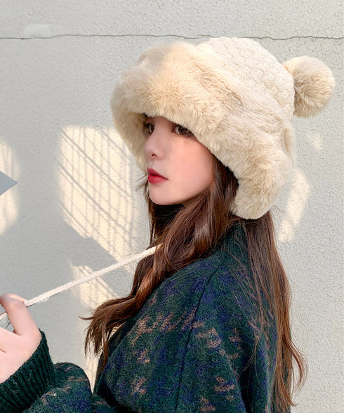 ダブルポンポンニット帽子 ファー帽子韓国 暖かいニット帽子レディース 防風保温防寒帽子 小顔見せ もこもこ裏起毛帽子 ふわふわファーハット 厚手帽子冬 大人可愛い 87XIBO-002