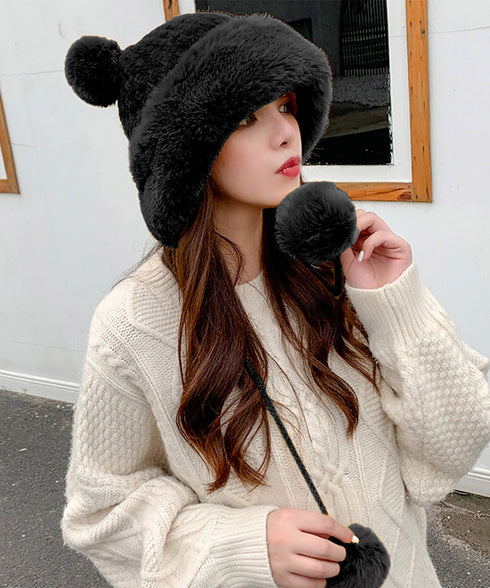 ダブルポンポンニット帽子 ファー帽子韓国 暖かいニット帽子レディース 防風保温防寒帽子 小顔見せ もこもこ裏起毛帽子 ふわふわファーハット 厚手帽子冬 大人可愛い 87XIBO-002
