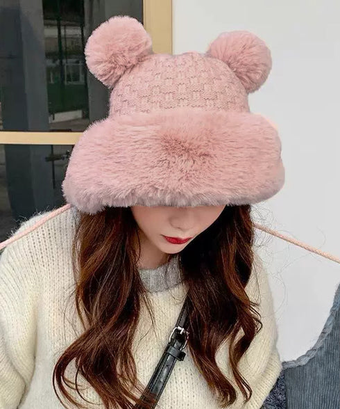 ダブルポンポンニット帽子 ファー帽子韓国 暖かいニット帽子レディース 防風保温防寒帽子 小顔見せ もこもこ裏起毛帽子 ふわふわファーハット 厚手帽子冬 大人可愛い 87XIBO-002