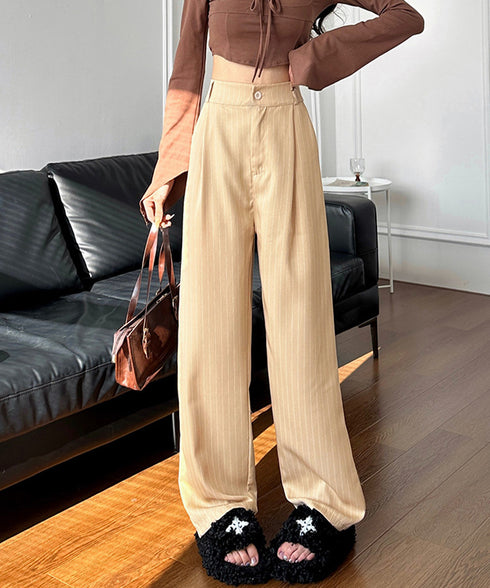 ストライプワイドパンツ春夏秋ロングパンツ レディースハイウエストパンツきれいめ ウエストゴム 美脚脚長 ワイドスラックス 韓国風 オフィスカジュアルパンツ 着やせ 87XINGZI-001