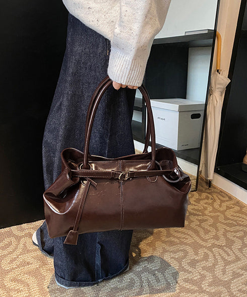 オイルワックス風合皮トートバッグ肩掛け鞄 レディース リボンベルト付き きれいめトート通勤通学 ビジネスOL PU鞄 ロングハンドル おしゃれハンドバッグ 大容量 87XIUFENG-001