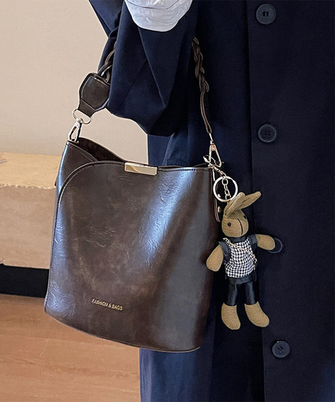 ショルダーバッグロープ編みハンドルバッグ レディース PUレザーバケツバッグチャーム付き こなれ感鞄 韓国風2way斜め掛けバッグ 高見えミニトートバッグレトロ 87XIUFENG-002