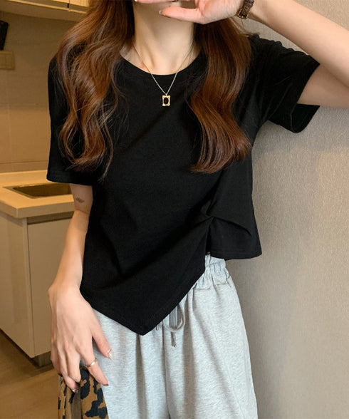 アシンメトリーTシャツ半袖クルーネックt ウエストタックtシャツレディース カジュアルトップス春夏 シンプルカットソー無地 ショート丈 大人可愛いtシャツ お洒落 87XIYIN-001