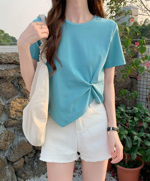 アシンメトリーTシャツ半袖クルーネックt ウエストタックtシャツレディース カジュアルトップス春夏 シンプルカットソー無地 ショート丈 大人可愛いtシャツ お洒落 87XIYIN-001