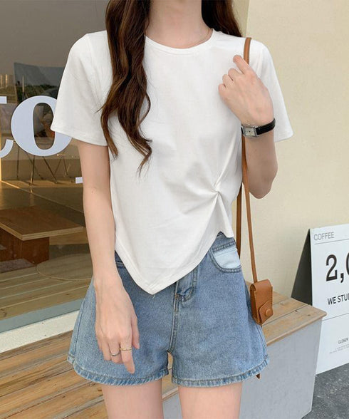 アシンメトリーTシャツ半袖クルーネックt ウエストタックtシャツレディース カジュアルトップス春夏 シンプルカットソー無地 ショート丈 大人可愛いtシャツ お洒落 87XIYIN-001