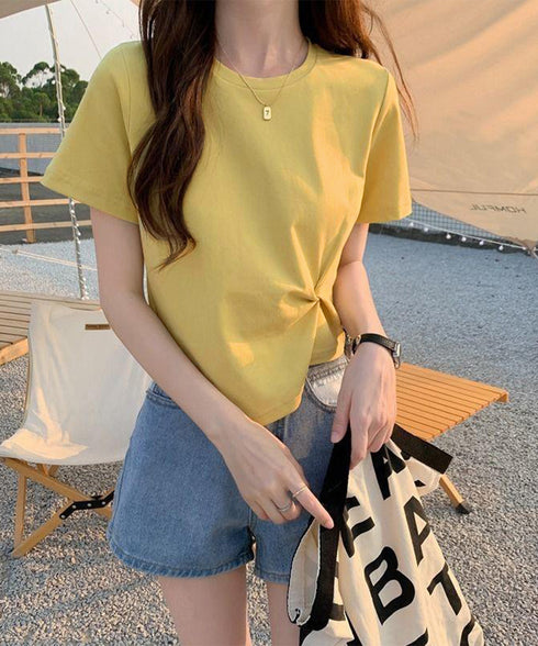 アシンメトリーTシャツ半袖クルーネックt ウエストタックtシャツレディース カジュアルトップス春夏 シンプルカットソー無地 ショート丈 大人可愛いtシャツ お洒落 87XIYIN-001