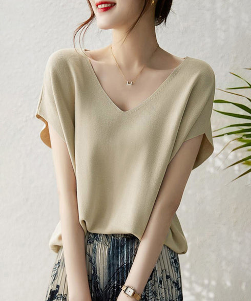 ニットトップス レディース 韓国春秋夏服 フレンチスリーブ ニットソー 体型カバー vネック 冷感タッチ 半袖 サマーニット きれいめ オフィスカジュアル 着やせ 87XYZ-001