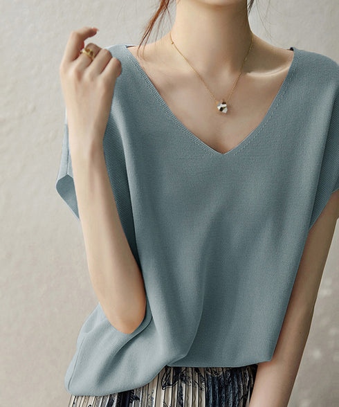 ニットトップス レディース 韓国春秋夏服 フレンチスリーブ ニットソー 体型カバー vネック 冷感タッチ 半袖 サマーニット きれいめ オフィスカジュアル 着やせ 87XYZ-001