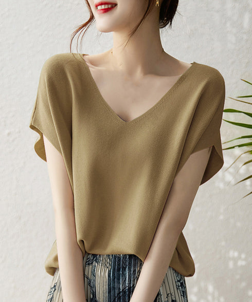 ニットトップス レディース 韓国春秋夏服 フレンチスリーブ ニットソー 体型カバー vネック 冷感タッチ 半袖 サマーニット きれいめ オフィスカジュアル 着やせ 87XYZ-001
