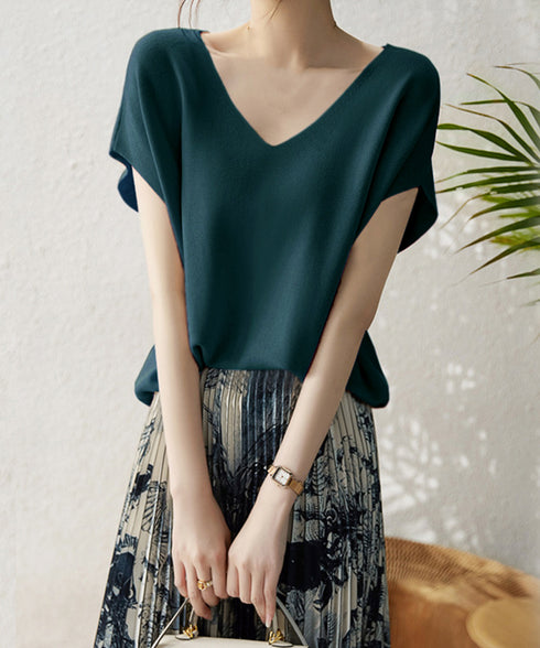 ニットトップス レディース 韓国春秋夏服 フレンチスリーブ ニットソー 体型カバー vネック 冷感タッチ 半袖 サマーニット きれいめ オフィスカジュアル 着やせ 87XYZ-001