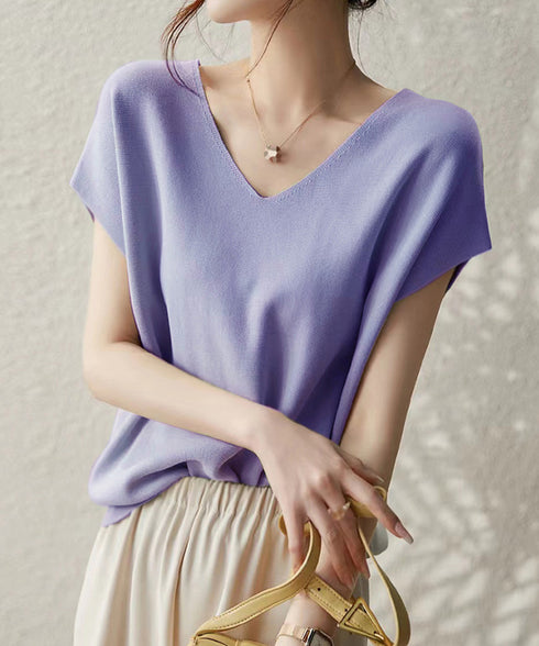 ニットトップス レディース 韓国春秋夏服 フレンチスリーブ ニットソー 体型カバー vネック 冷感タッチ 半袖 サマーニット きれいめ オフィスカジュアル 着やせ 87XYZ-001