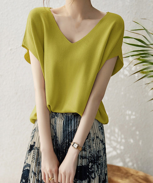 ニットトップス レディース 韓国春秋夏服 フレンチスリーブ ニットソー 体型カバー vネック 冷感タッチ 半袖 サマーニット きれいめ オフィスカジュアル 着やせ 87XYZ-001