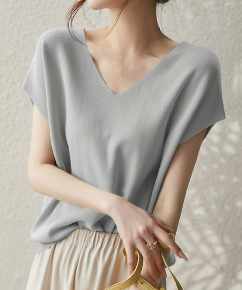 ニットトップス レディース 韓国春秋夏服 フレンチスリーブ ニットソー 体型カバー vネック 冷感タッチ 半袖 サマーニット きれいめ オフィスカジュアル 着やせ 87XYZ-001