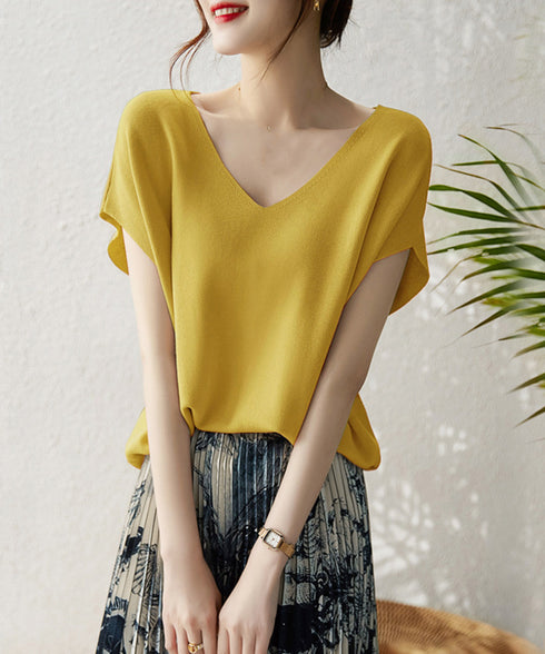ニットトップス レディース 韓国春秋夏服 フレンチスリーブ ニットソー 体型カバー vネック 冷感タッチ 半袖 サマーニット きれいめ オフィスカジュアル 着やせ 87XYZ-001