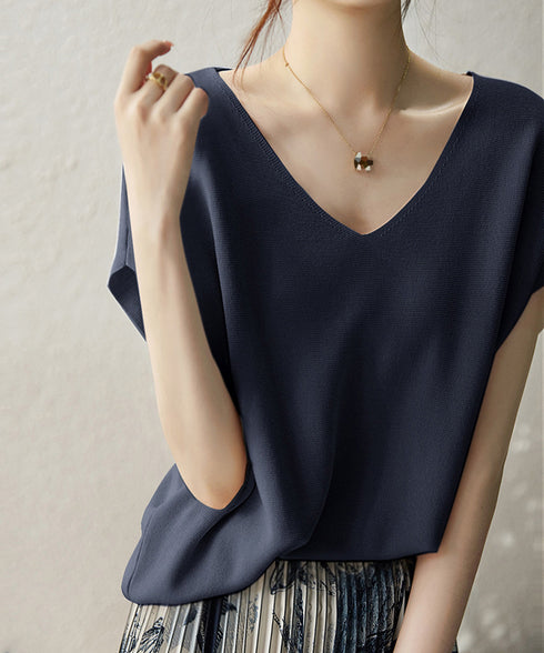 ニットトップス レディース 韓国春秋夏服 フレンチスリーブ ニットソー 体型カバー vネック 冷感タッチ 半袖 サマーニット きれいめ オフィスカジュアル 着やせ 87XYZ-001