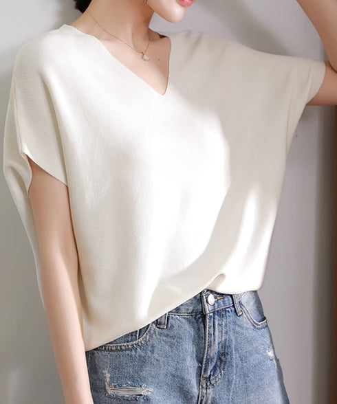 ニットトップス レディース 韓国春秋夏服 フレンチスリーブ ニットソー 体型カバー vネック 冷感タッチ 半袖 サマーニット きれいめ オフィスカジュアル 着やせ 87XYZ-001