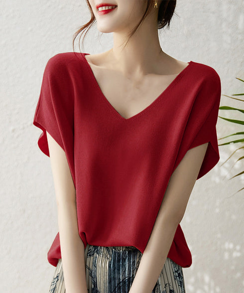 ニットトップス レディース 韓国春秋夏服 フレンチスリーブ ニットソー 体型カバー vネック 冷感タッチ 半袖 サマーニット きれいめ オフィスカジュアル 着やせ 87XYZ-001
