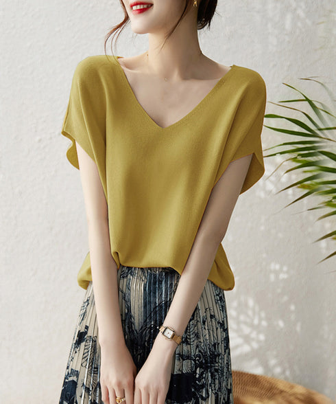 ニットトップス レディース 韓国春秋夏服 フレンチスリーブ ニットソー 体型カバー vネック 冷感タッチ 半袖 サマーニット きれいめ オフィスカジュアル 着やせ 87XYZ-001