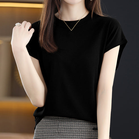 サマーニット レディース 半袖ニットソー 韓国 フレンチスリーブ ニットTシャツ 冷感タッチ 着やせ 30代40代通勤服 プチハイネック ニットトップス 春秋夏 87XYZ-002