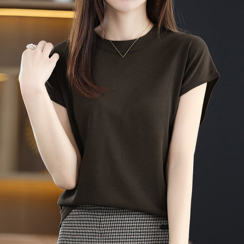 サマーニット レディース 半袖ニットソー 韓国 フレンチスリーブ ニットTシャツ 冷感タッチ 着やせ 30代40代通勤服 プチハイネック ニットトップス 春秋夏 87XYZ-002