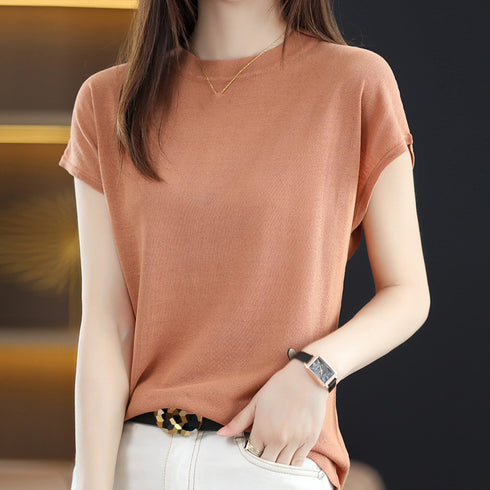 サマーニット レディース 半袖ニットソー 韓国 フレンチスリーブ ニットTシャツ 冷感タッチ 着やせ 30代40代通勤服 プチハイネック ニットトップス 春秋夏 87XYZ-002