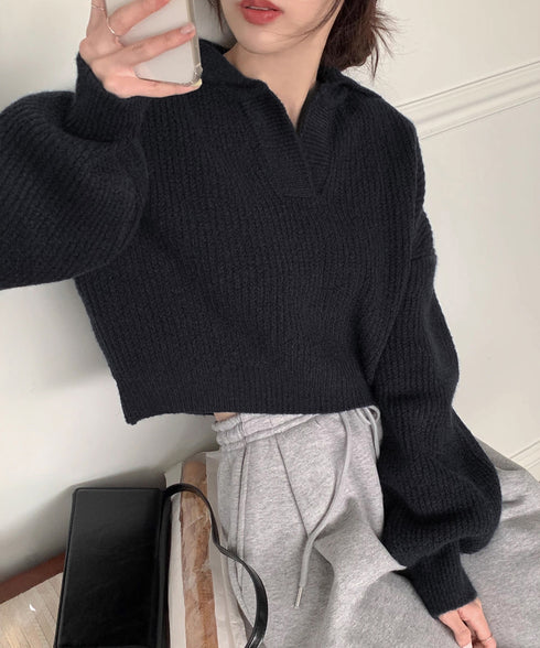 スキッパーニットvネック 襟付きセーター ポロカラーリブニットトップスレディース ショート丈ニットプルオーバー きれいめ ドロップショルダー 韓国風ニット秋冬人気 87YANQIU-001