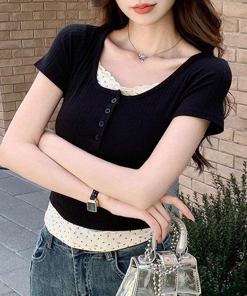 ヘンリーネックTシャツレイヤード風t半袖 フェイクレイヤードtシャツレディース 前ボタンリブtシャツ 大人可愛い レースフリルタイトT 細見え 着やせトップス春夏 87YICHANG-001