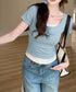ヘンリーネックTシャツレイヤード風t半袖 フェイクレイヤードtシャツレディース 前ボタンリブtシャツ 大人可愛い レースフリルタイトT 細見え 着やせトップス春夏 87YICHANG-001