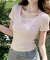 ヘンリーネックTシャツレイヤード風t半袖 フェイクレイヤードtシャツレディース 前ボタンリブtシャツ 大人可愛い レースフリルタイトT 細見え 着やせトップス春夏 87YICHANG-001