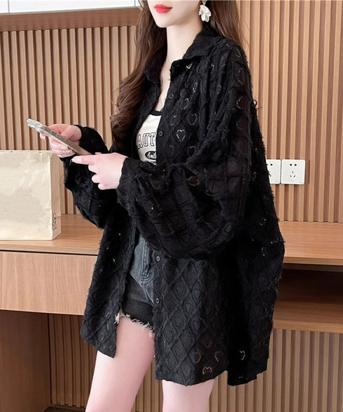 ハートジャガードシャツカーディガン春夏秋 レディース 袖ボリューム カジュアル羽織り 冷房対策軽アウター UVケア長袖トップス 着やせBIGシルエット韓国風カーデ 87YIGULI-003