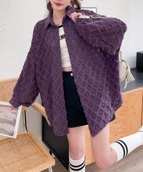 ハートジャガードシャツカーディガン春夏秋 レディース 袖ボリューム カジュアル羽織り 冷房対策軽アウター UVケア長袖トップス 着やせBIGシルエット韓国風カーデ 87YIGULI-003