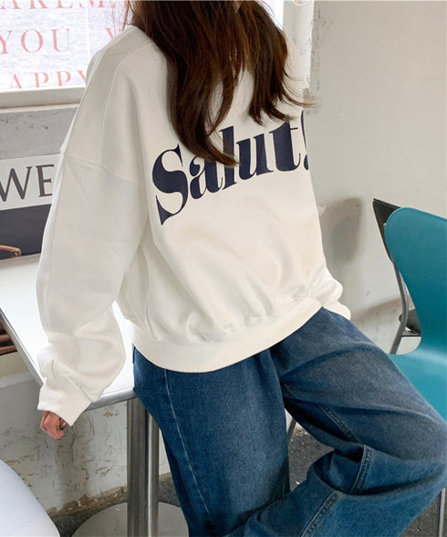 英字ロゴトレーナー裏起毛スウェット韓国風 秋冬ドロップショルダースウェットレディースおしゃれ 暖かいトレーナー長袖ゆったりプルオーバー トップスカジュアルきれいめ 87YIGULI-004