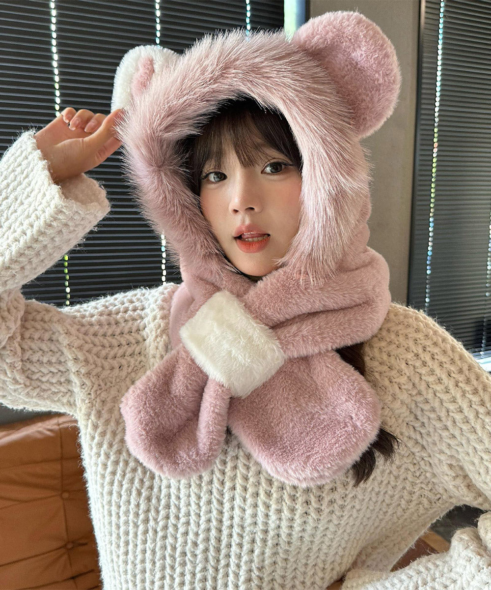 くまみみ帽子 マフラー付きファー帽子暖か ピンク