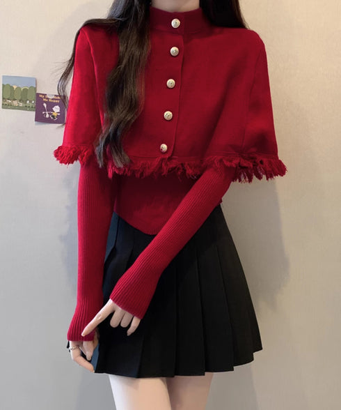 アンサンブルニット 2点セットアップ韓国 ニットマント ニットポンチョレディース秋冬 リブニットvネックトップス アシンメトリーヘム 裾フリンジニットケープお洒落 87YIXIN-001