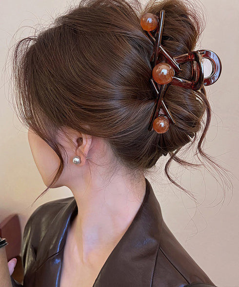 バンスクリップ ヘアクリップ大きめ髪留め 大人可愛いバンスクリップビーズ付き 変形クロスクリアクリップしっかりホールドまとめ髪オフィスおしゃれ上品髪飾りマット質感 87ZHUONI-003