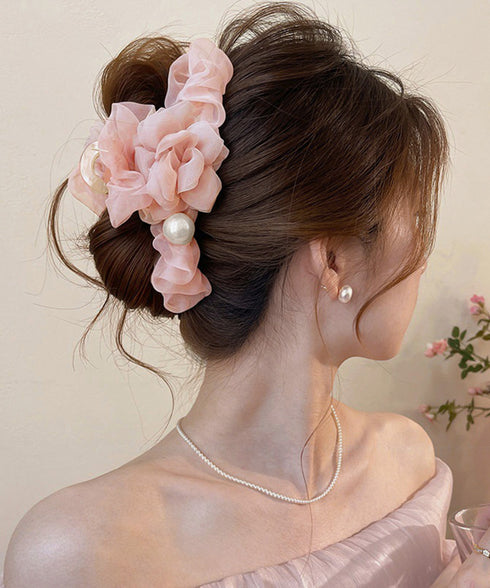 パール付きチュールバンスクリップきれいめ フラワーモチーフヘアクリップ 大きめクリップしっかり 多毛ヘアクリップ髪多い 髪飾り大きい髪留め 高見えヘアアクセサリー 87ZHUONI-004