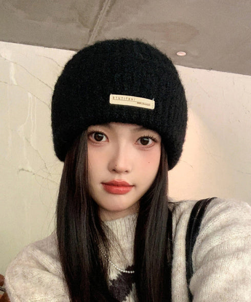 ニット帽 レディース くしゅくしゅ帽小顔 折り返しニットキャップ リブ編み ロゴ付きぼうし あったか 韓国ファッショ小物 ニットキャップ お出掛け 防寒ぼうし秋冬 87BAOGUAN-001