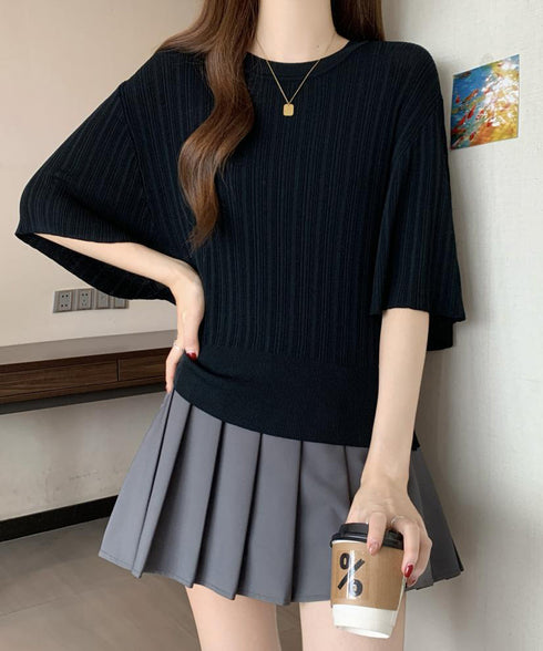 フレアースリーブニットトップスレディース 半袖サマーニット 冷感タッチ ニットブラウス 上品きれいめ ニットTシャツ オフィスカジュアル 華奢見えドルマンスリーブ 87BINGXIU-002