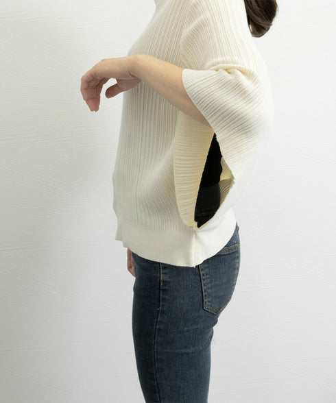 フレアースリーブニットトップスレディース 半袖サマーニット 冷感タッチ ニットブラウス 上品きれいめ ニットTシャツ オフィスカジュアル 華奢見えドルマンスリーブ 87BINGXIU-002