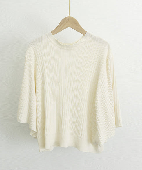 フレアースリーブニットトップスレディース 半袖サマーニット 冷感タッチ ニットブラウス 上品きれいめ ニットTシャツ オフィスカジュアル 華奢見えドルマンスリーブ 87BINGXIU-002