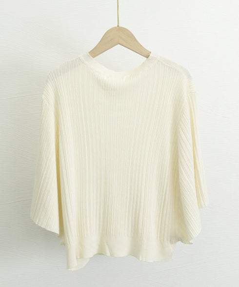 フレアースリーブニットトップスレディース 半袖サマーニット 冷感タッチ ニットブラウス 上品きれいめ ニットTシャツ オフィスカジュアル 華奢見えドルマンスリーブ 87BINGXIU-002