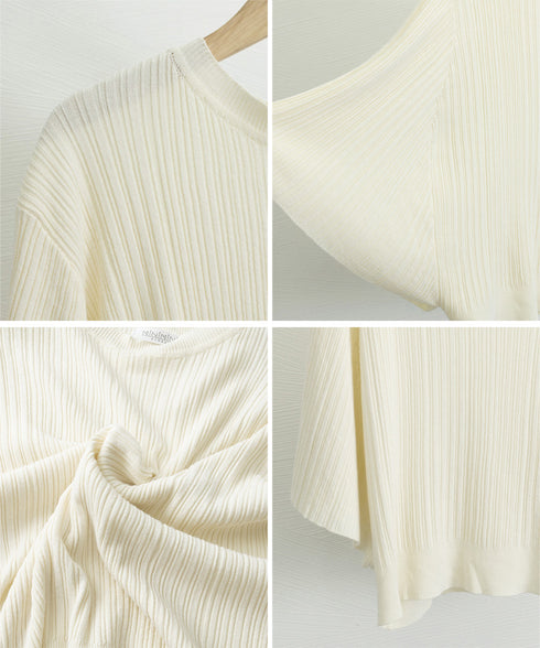 フレアースリーブニットトップスレディース 半袖サマーニット 冷感タッチ ニットブラウス 上品きれいめ ニットTシャツ オフィスカジュアル 華奢見えドルマンスリーブ 87BINGXIU-002